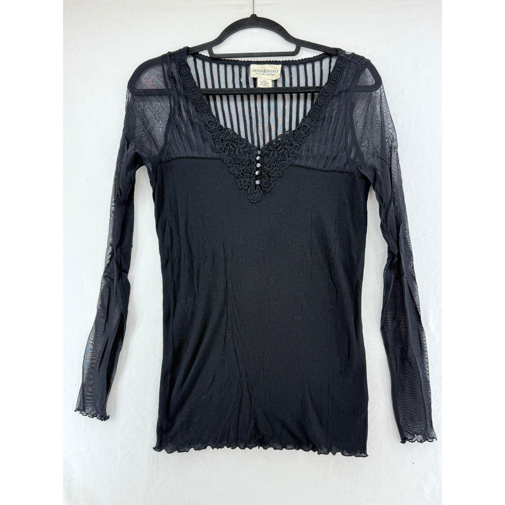 Denim &‎ Supply Ralph Lauren Black Mesh Lace Ribbed Long Sleeve Top Victorian M